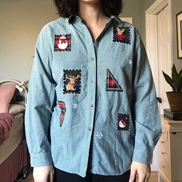 Vintage | Tops | Vintage Cute Green Christmas Button Up | Poshmark